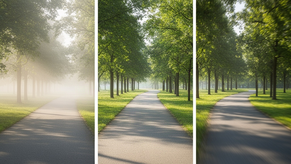 Trilha de caminhada em parque dividida visualmente em três zonas de luz e ambiente, simbolizando níveis de intensidade de calmo a ativo