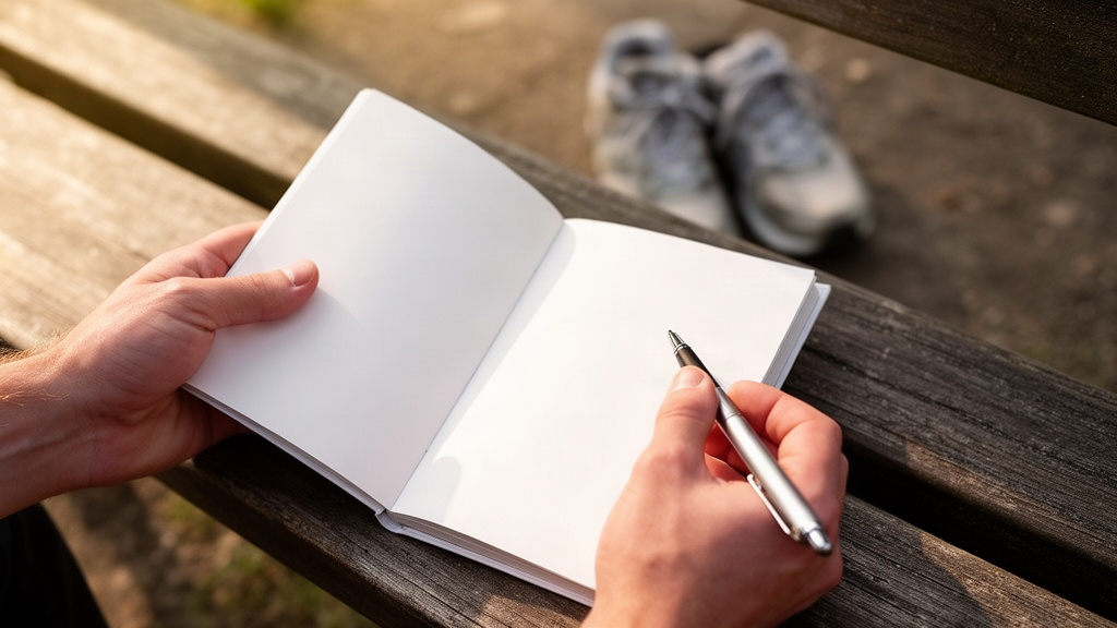 Mãos segurando um caderno aberto e uma caneta sobre um banco de madeira em um parque, com tênis confortáveis ao fundo, simbolizando planejamento de atividade física