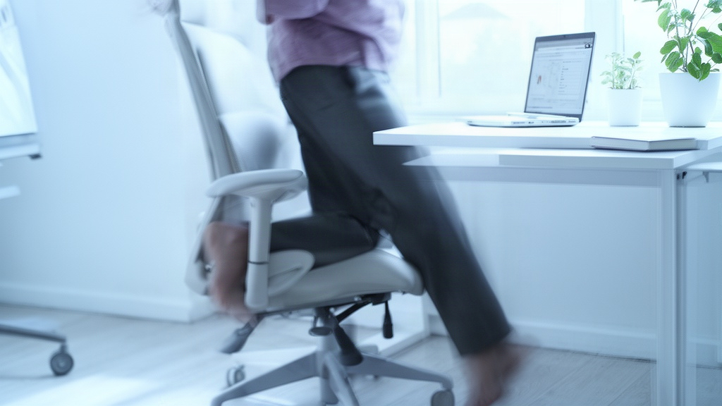 Pessoa se levantando da cadeira de escritório para se mover no ambiente de trabalho, destacando a quebra da postura estática com um movimento simples.