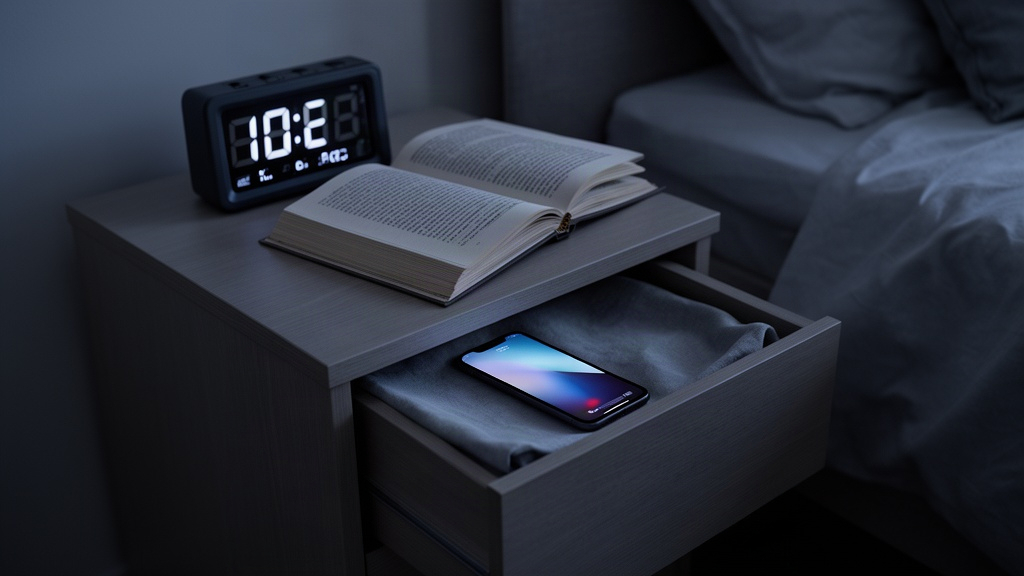 Canto de um quarto organizado com relógio e livro, e dispositivo eletrônico guardado, simbolizando a preparação para um sono tranquilo.