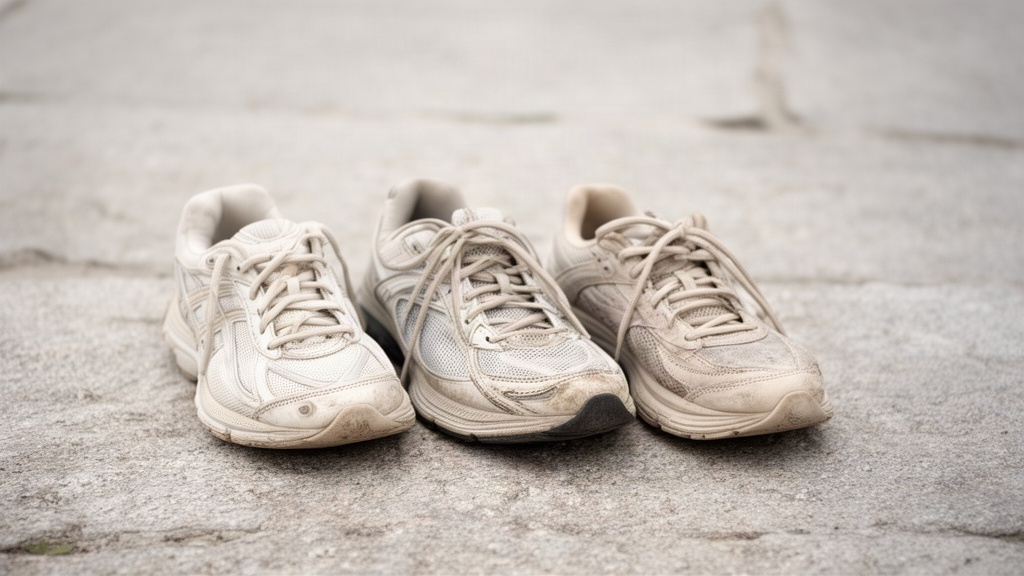Tres pares de tenis de caminhada em ordem decrescente de intensidade, representando versoes completa, reduzida e minima do exercicio