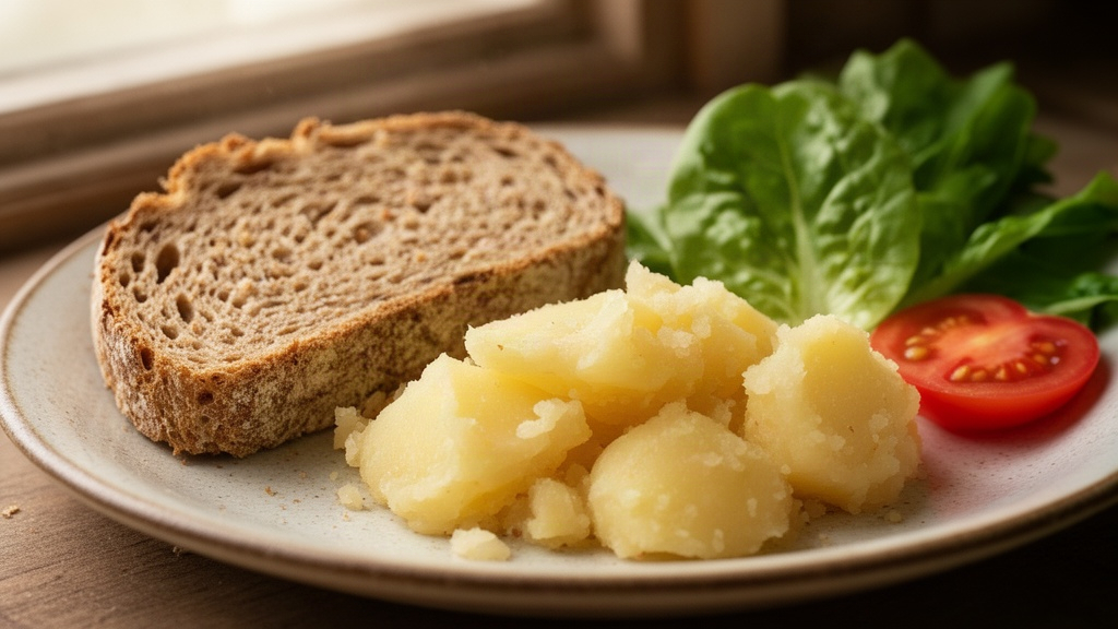 Fatia de pão integral ou batata cozida acompanhada de folhas e tomate, focando em fontes de energia acessíveis.