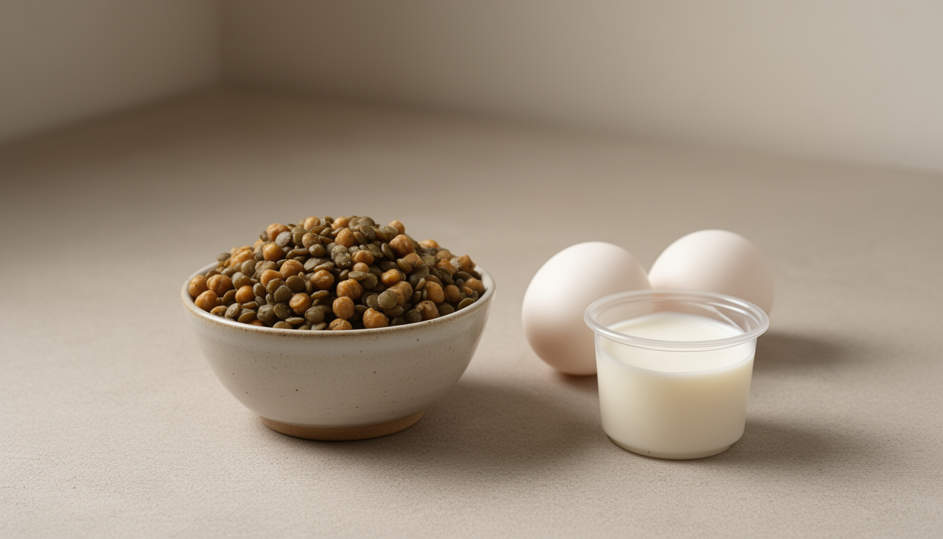 Grãos cozidos como lentilha, ovos cozidos e iogurte natural dispostos de forma simples e acessível.