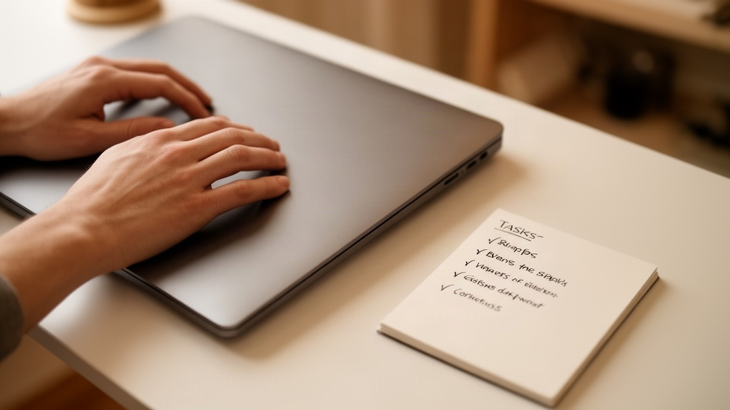 Mãos fechando um laptop sobre uma mesa de trabalho, ao lado de uma lista curta de tarefas anotada em um caderno