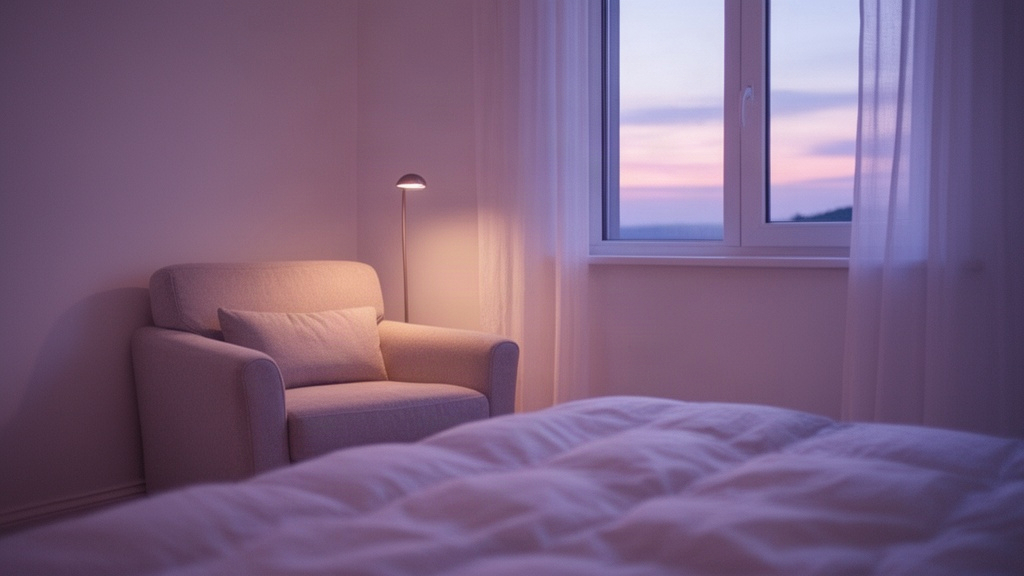 Um canto tranquilo do quarto à noite, com poltrona confortável e luz suave, evocando calma e regulação emocional
