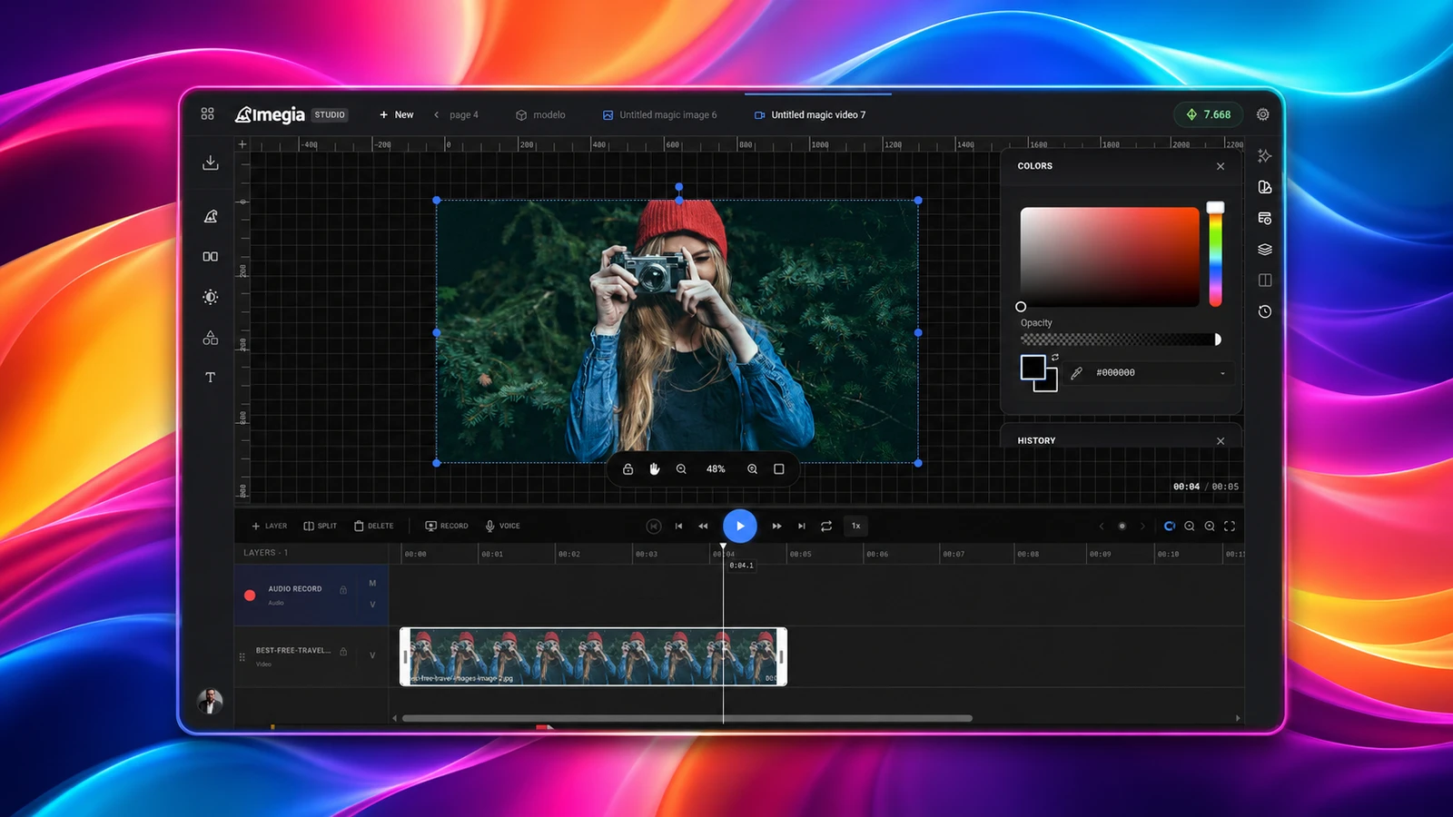 Editor de vídeos do Imegia (Magic Videos) com linha do tempo e faixas
