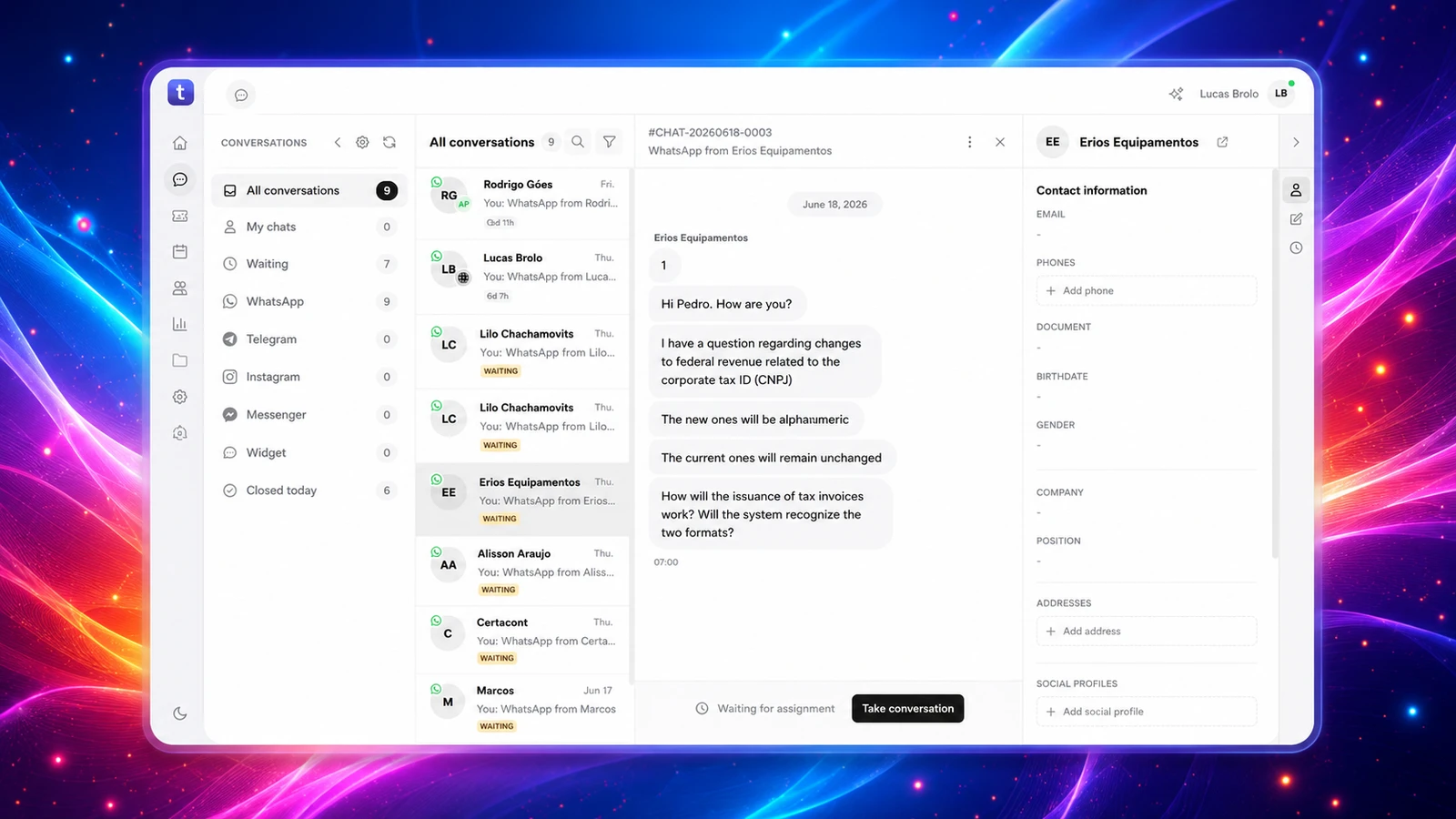 Interface de chat da Teclia com conversas e atendimento em tempo real