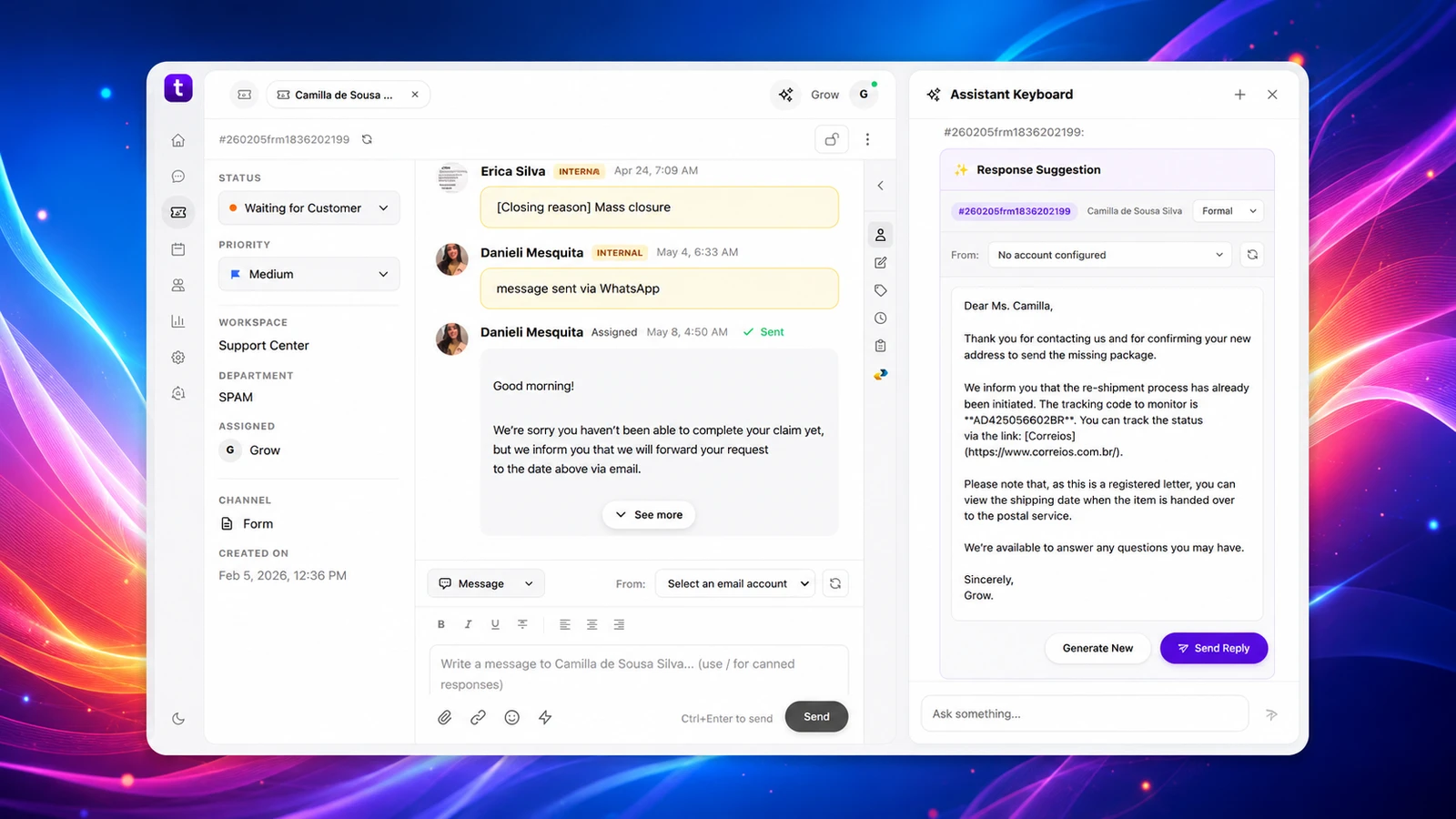 Chamado no helpdesk da Teclia com assistente de IA ajudando a responder um e-mail